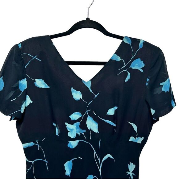 Vintage Coldwater Creek Black Blue Flowers Short Sleeve Floral Midi Dress V-neck - Picture 3 of 7